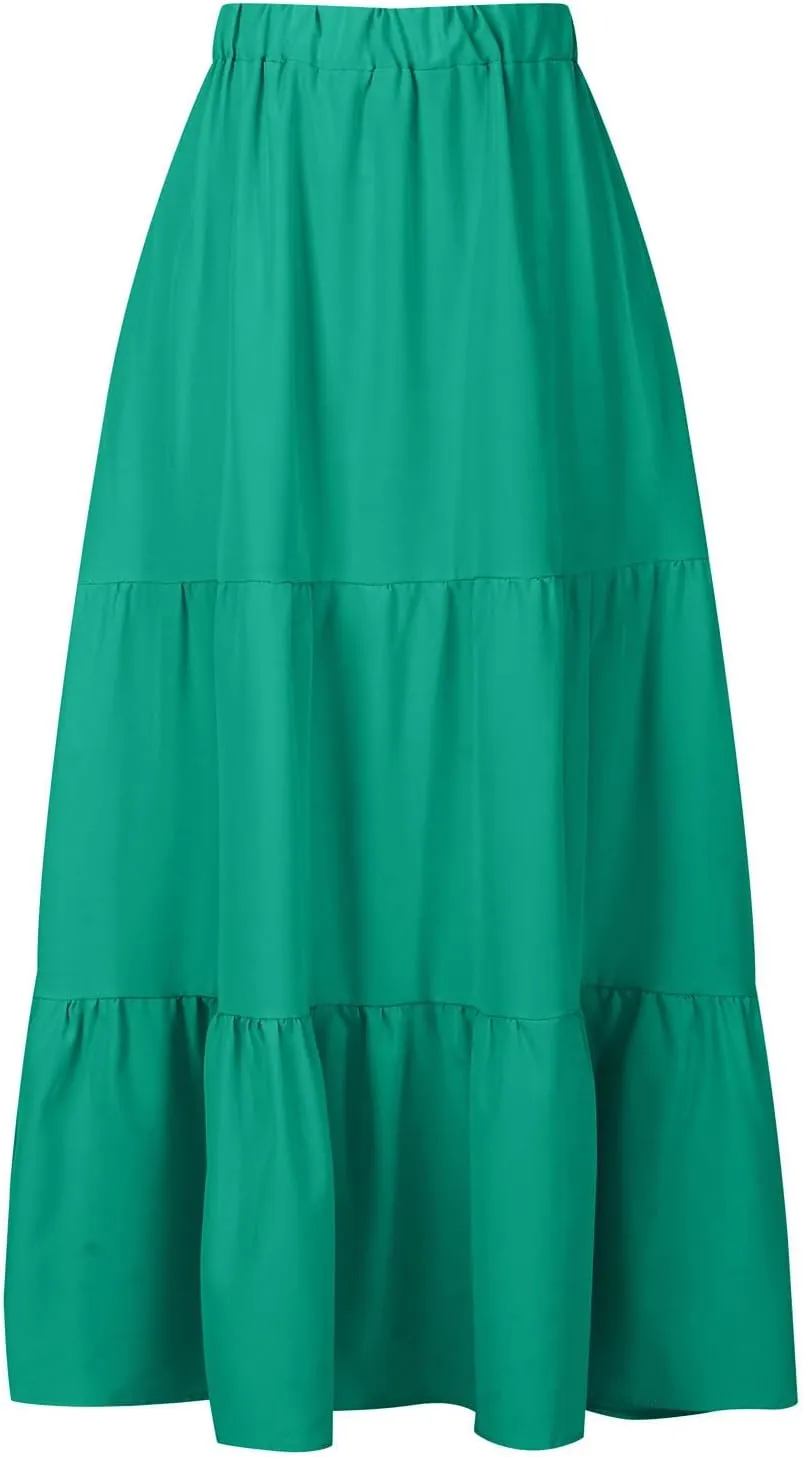 2024 Boho Maxi Skirts for Women Hight Waisted Pleated Ruffle Swing Skirts with Pockets Summer Beach Vacation Clothes