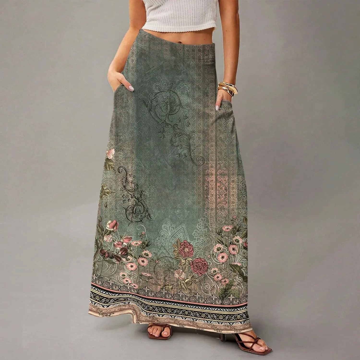 2025 Summer Flowy Long Maxi Skirts for Women Boho Floral High Waisted Casual Pleated Beach A Line Skirt with Pocket