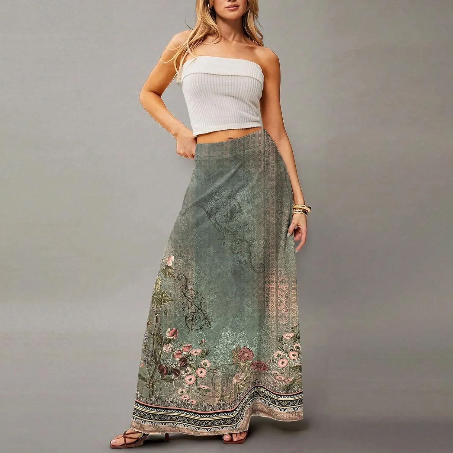 2025 Summer Flowy Long Maxi Skirts for Women Boho Floral High Waisted Casual Pleated Beach A Line Skirt with Pocket