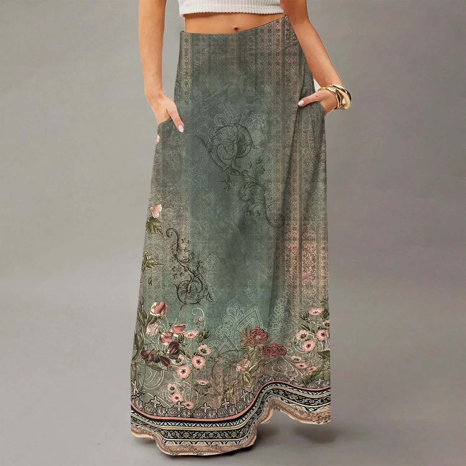 2025 Summer Flowy Long Maxi Skirts for Women Boho Floral High Waisted Casual Pleated Beach A Line Skirt with Pocket
