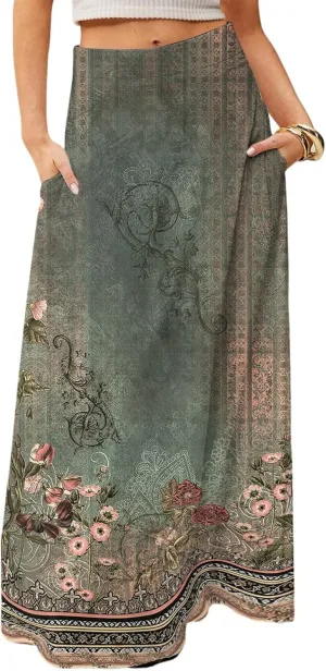 2025 Summer Flowy Long Maxi Skirts for Women Boho Floral High Waisted Casual Pleated Beach A Line Skirt with Pocket