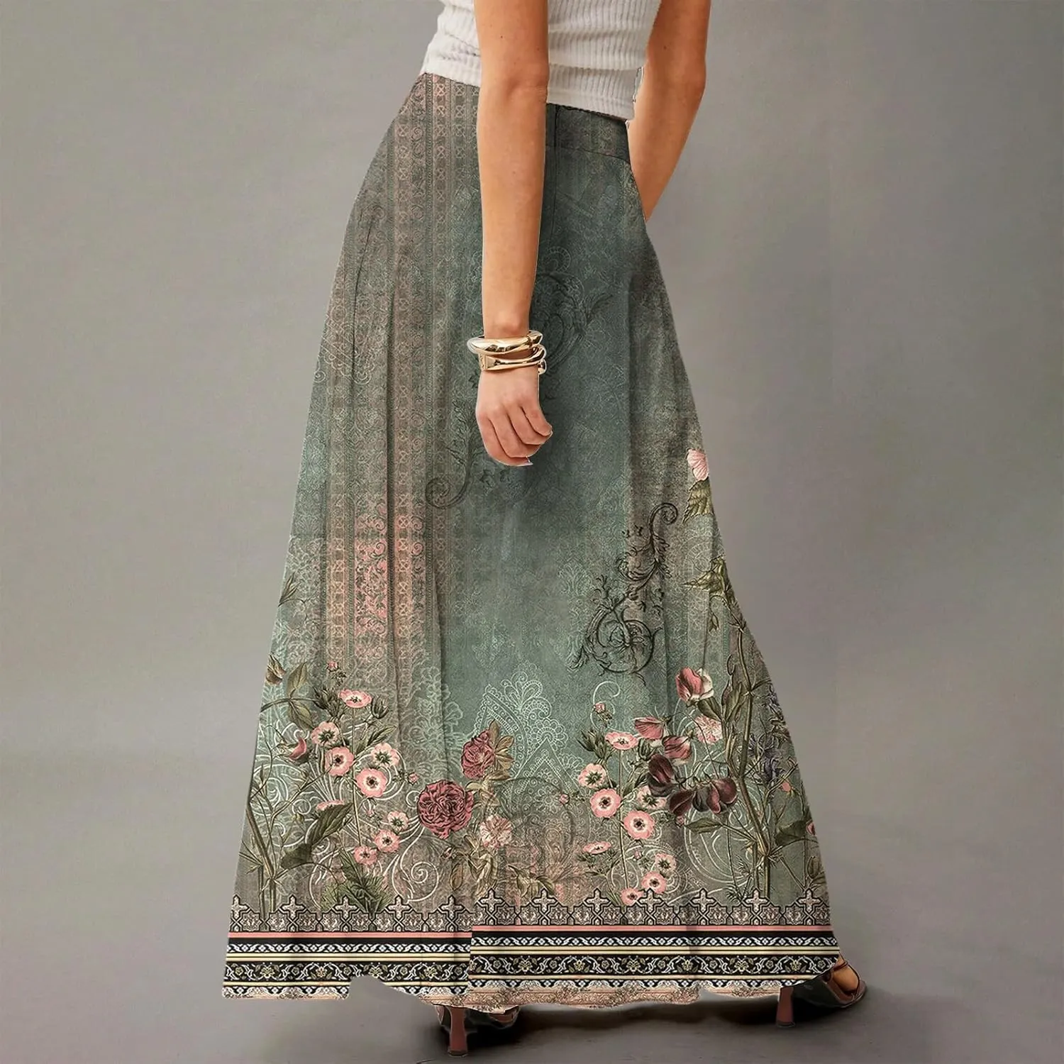 2025 Summer Flowy Long Maxi Skirts for Women Boho Floral High Waisted Casual Pleated Beach A Line Skirt with Pocket
