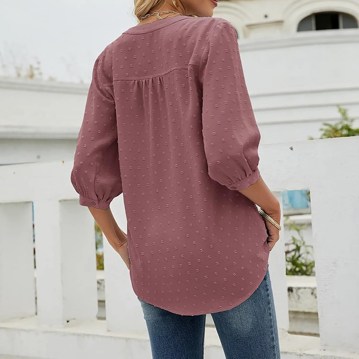 3/4 Sleeve Henley Shirts for Women Casual Solid V Neck Button Down Lightweight Chiffon Blouse Polka Dot Tunic Tops