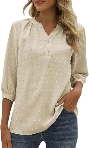 3/4 Sleeve Henley Shirts for Women Casual Solid V Neck Button Down Lightweight Chiffon Blouse Polka Dot Tunic Tops