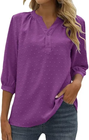 3/4 Sleeve Henley Shirts for Women Casual Solid V Neck Button Down Lightweight Chiffon Blouse Polka Dot Tunic Tops
