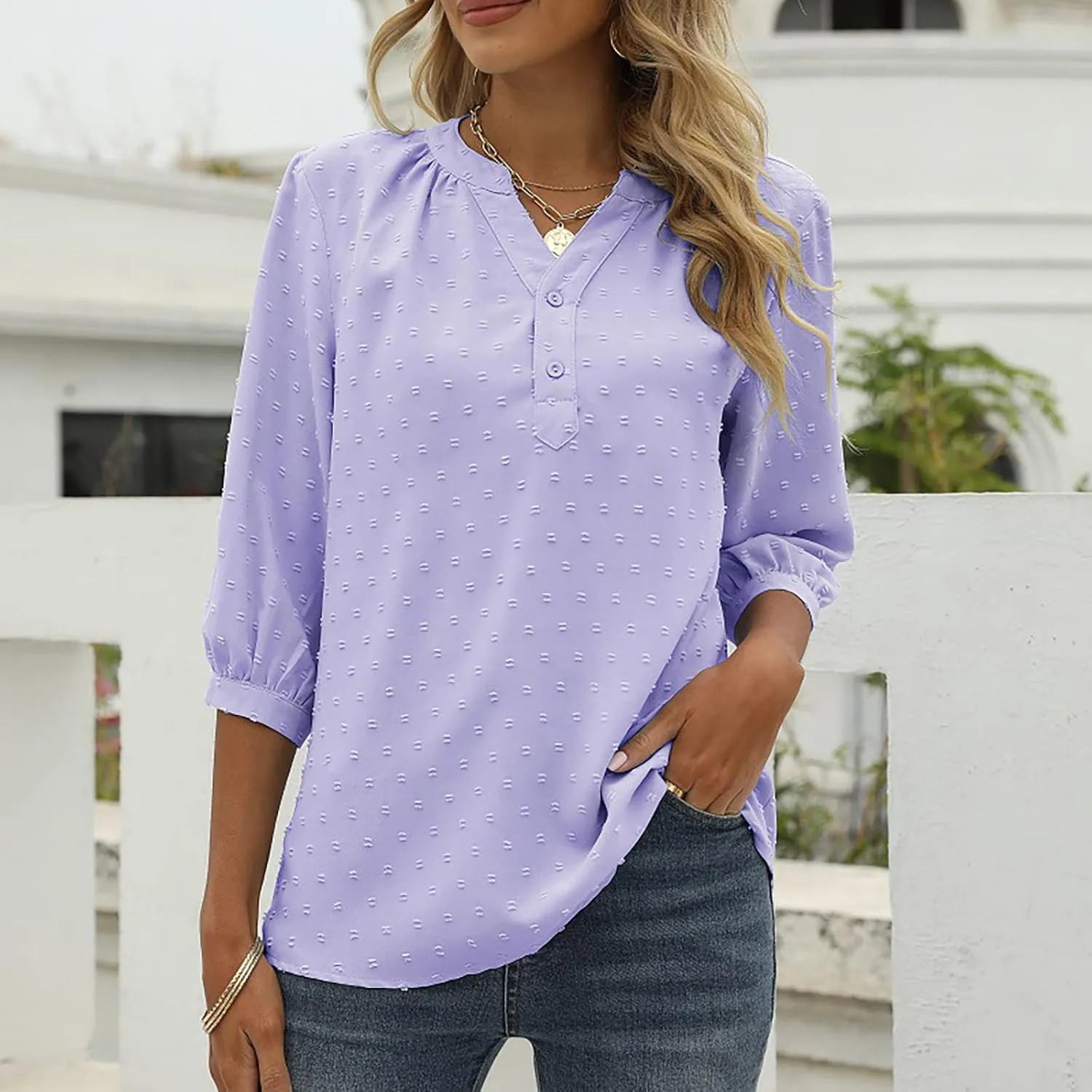 3/4 Sleeve Henley Shirts for Women Casual Solid V Neck Button Down Lightweight Chiffon Blouse Polka Dot Tunic Tops