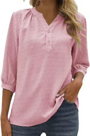 3/4 Sleeve Henley Shirts for Women Casual Solid V Neck Button Down Lightweight Chiffon Blouse Polka Dot Tunic Tops