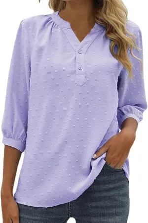 3/4 Sleeve Henley Shirts for Women Casual Solid V Neck Button Down Lightweight Chiffon Blouse Polka Dot Tunic Tops