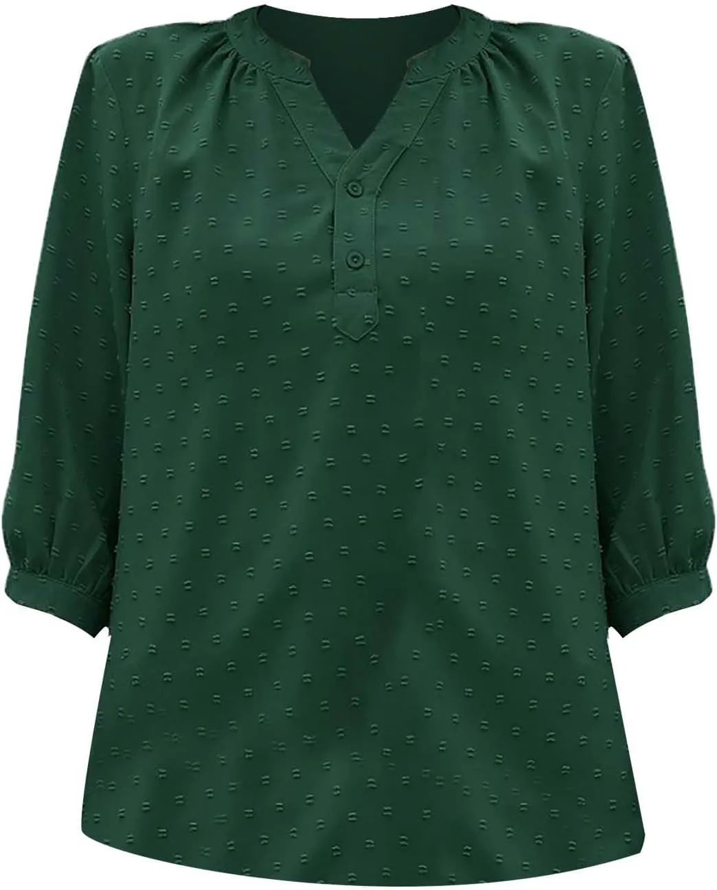 3/4 Sleeve Henley Shirts for Women Casual Solid V Neck Button Down Lightweight Chiffon Blouse Polka Dot Tunic Tops