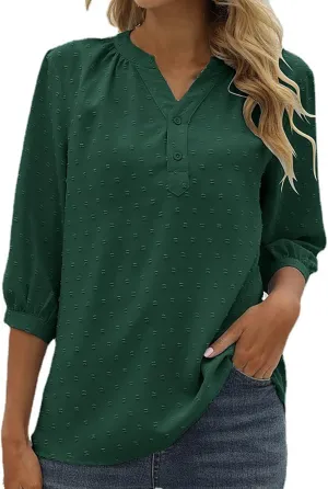 3/4 Sleeve Henley Shirts for Women Casual Solid V Neck Button Down Lightweight Chiffon Blouse Polka Dot Tunic Tops