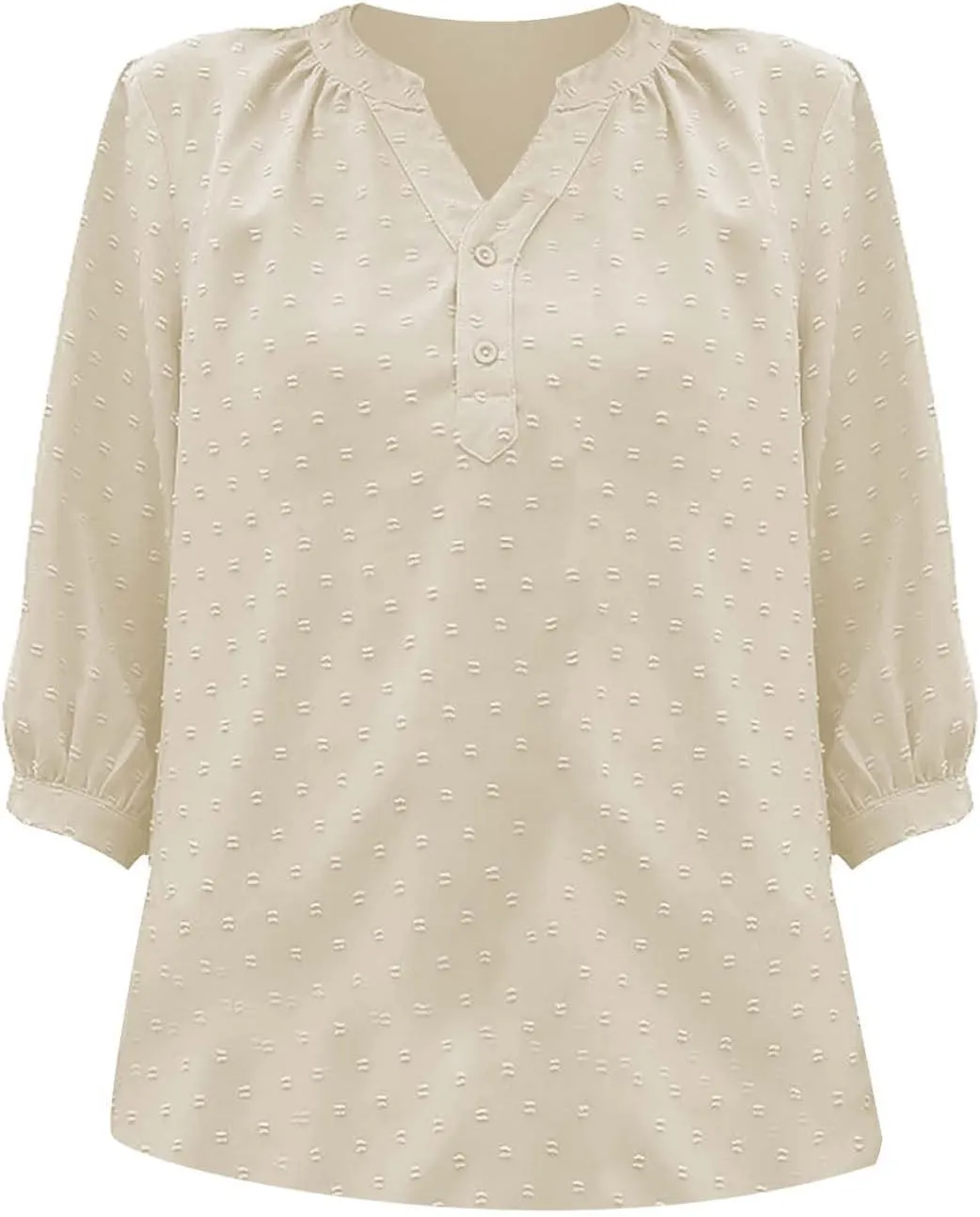 3/4 Sleeve Henley Shirts for Women Casual Solid V Neck Button Down Lightweight Chiffon Blouse Polka Dot Tunic Tops