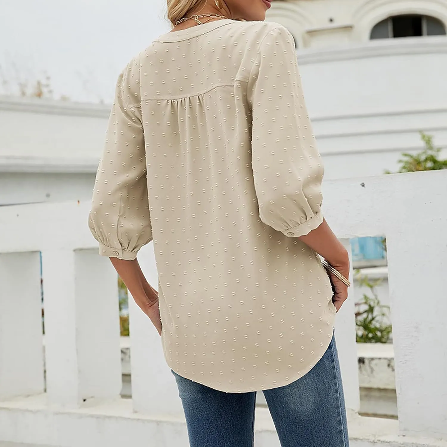 3/4 Sleeve Henley Shirts for Women Casual Solid V Neck Button Down Lightweight Chiffon Blouse Polka Dot Tunic Tops