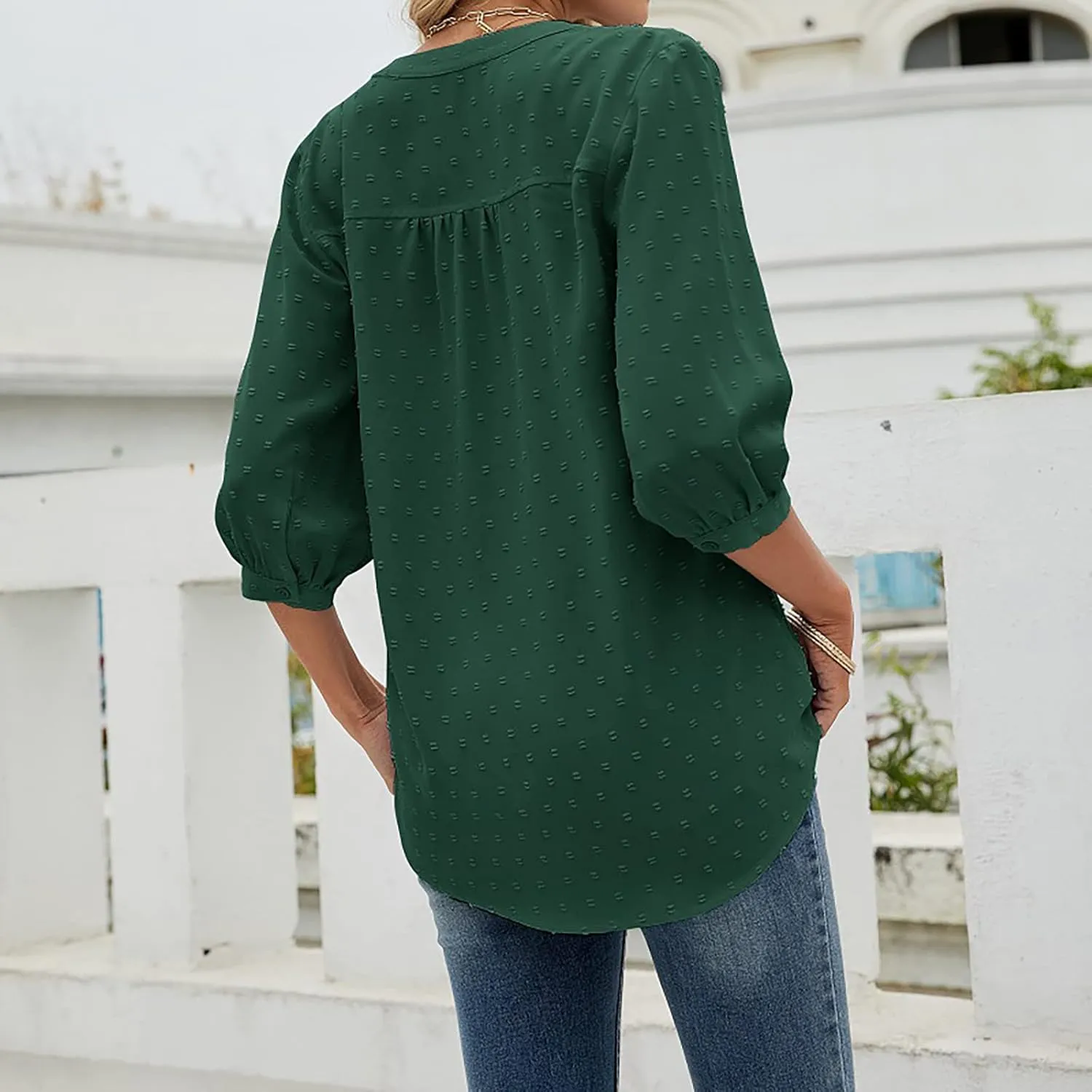 3/4 Sleeve Henley Shirts for Women Casual Solid V Neck Button Down Lightweight Chiffon Blouse Polka Dot Tunic Tops