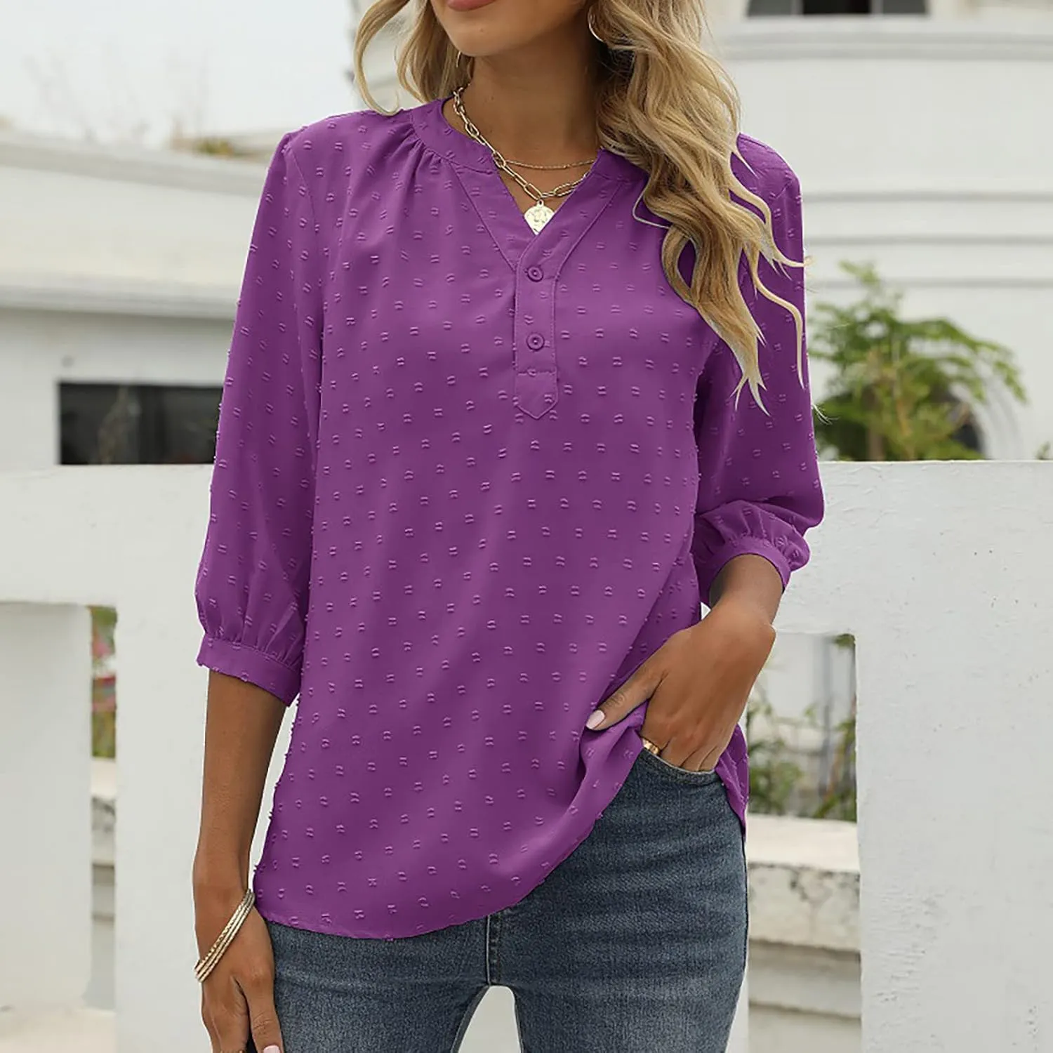 3/4 Sleeve Henley Shirts for Women Casual Solid V Neck Button Down Lightweight Chiffon Blouse Polka Dot Tunic Tops