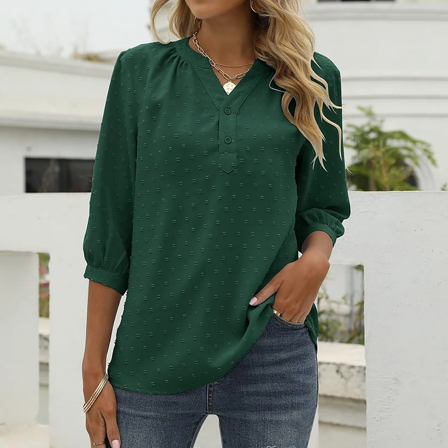 3/4 Sleeve Henley Shirts for Women Casual Solid V Neck Button Down Lightweight Chiffon Blouse Polka Dot Tunic Tops
