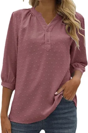 3/4 Sleeve Henley Shirts for Women Casual Solid V Neck Button Down Lightweight Chiffon Blouse Polka Dot Tunic Tops