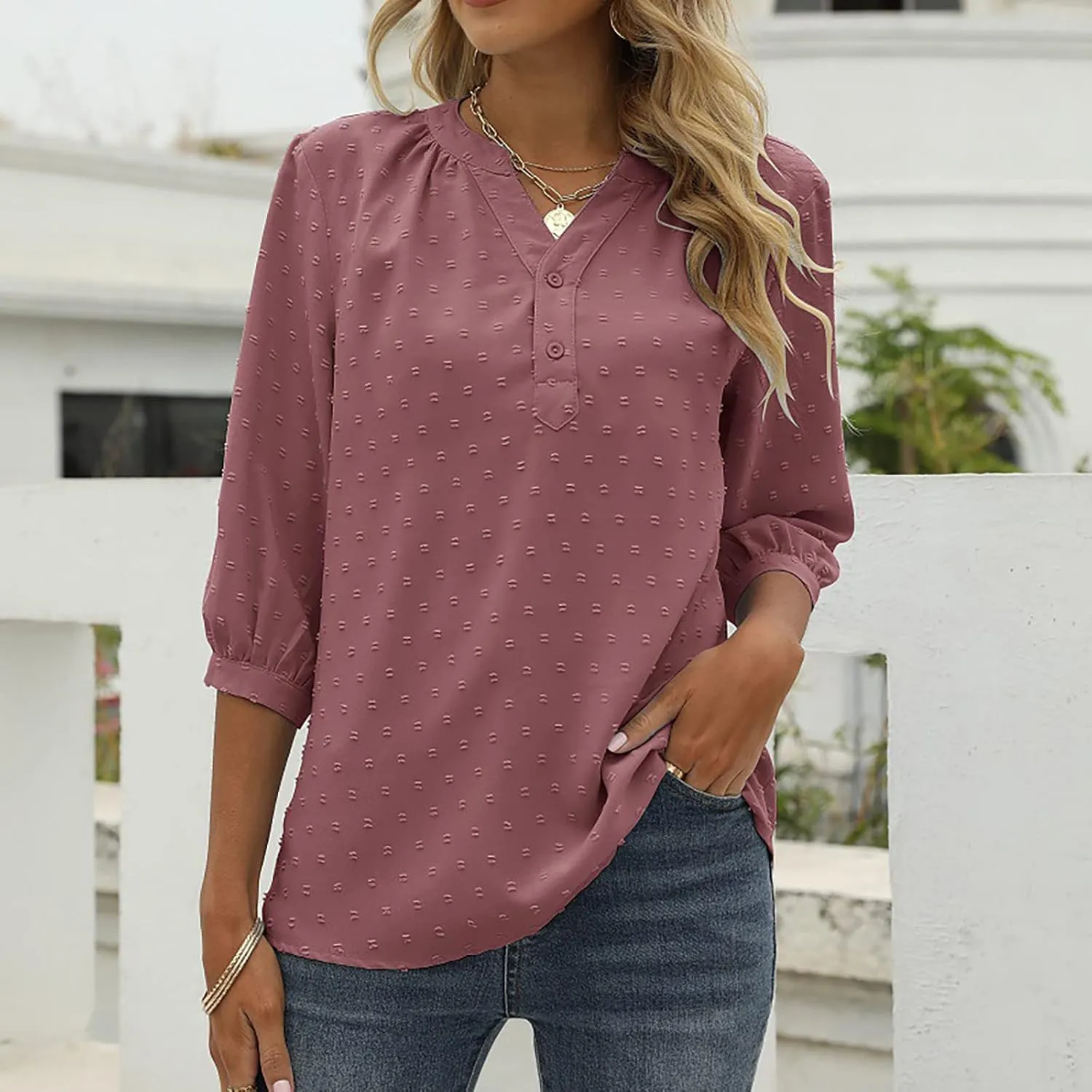 3/4 Sleeve Henley Shirts for Women Casual Solid V Neck Button Down Lightweight Chiffon Blouse Polka Dot Tunic Tops