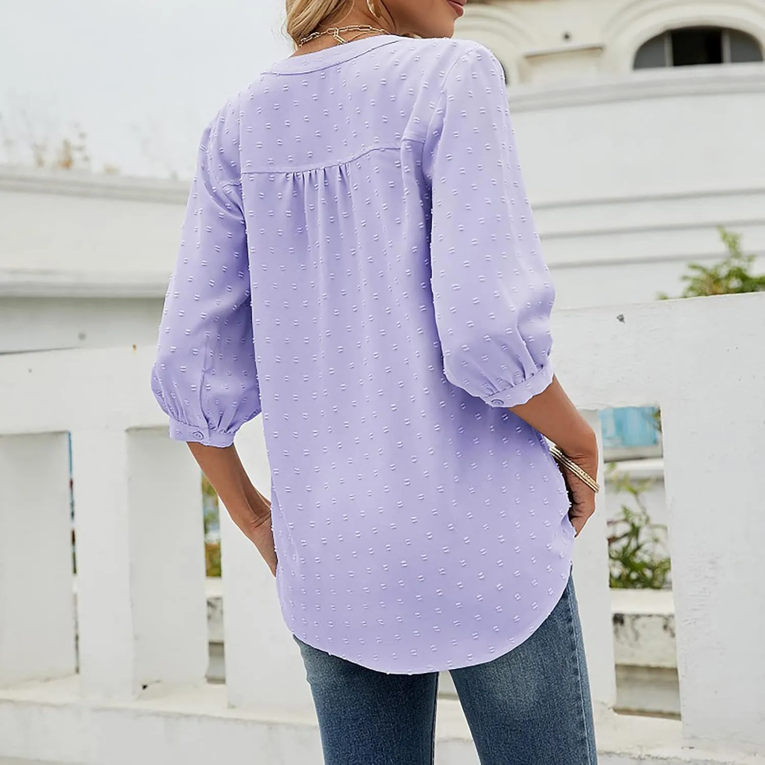 3/4 Sleeve Henley Shirts for Women Casual Solid V Neck Button Down Lightweight Chiffon Blouse Polka Dot Tunic Tops