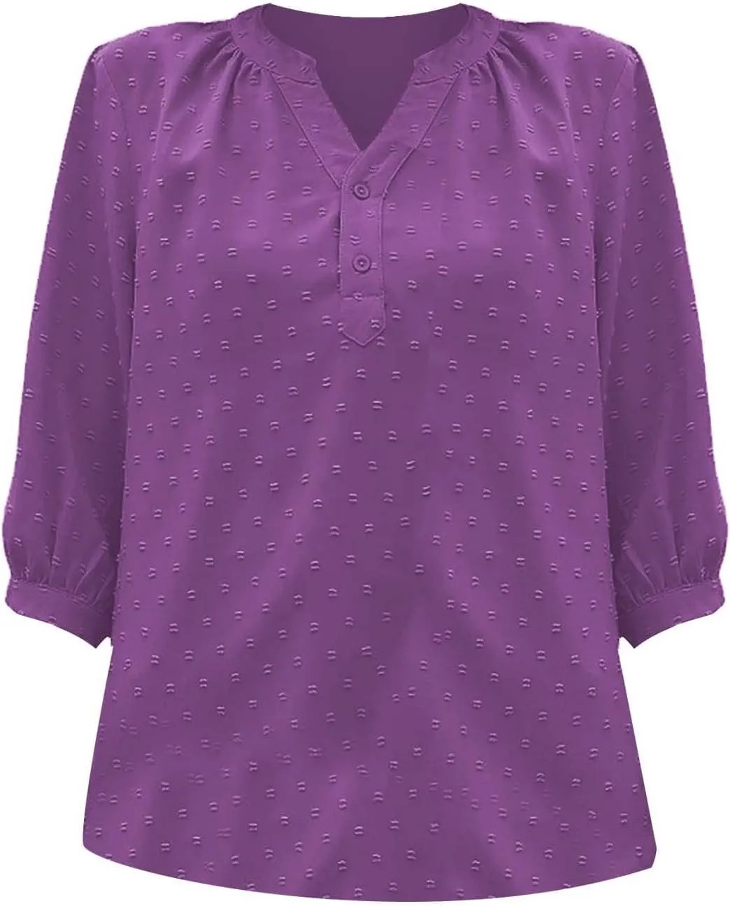 3/4 Sleeve Henley Shirts for Women Casual Solid V Neck Button Down Lightweight Chiffon Blouse Polka Dot Tunic Tops
