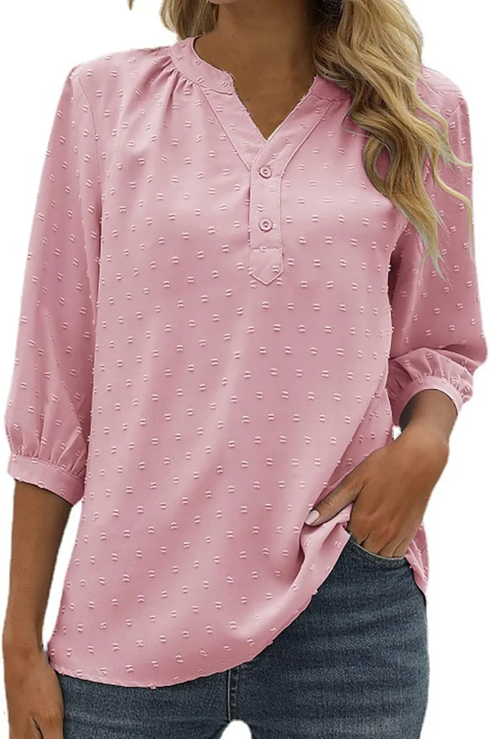 3/4 Sleeve Henley Shirts for Women Casual Solid V Neck Button Down Lightweight Chiffon Blouse Polka Dot Tunic Tops