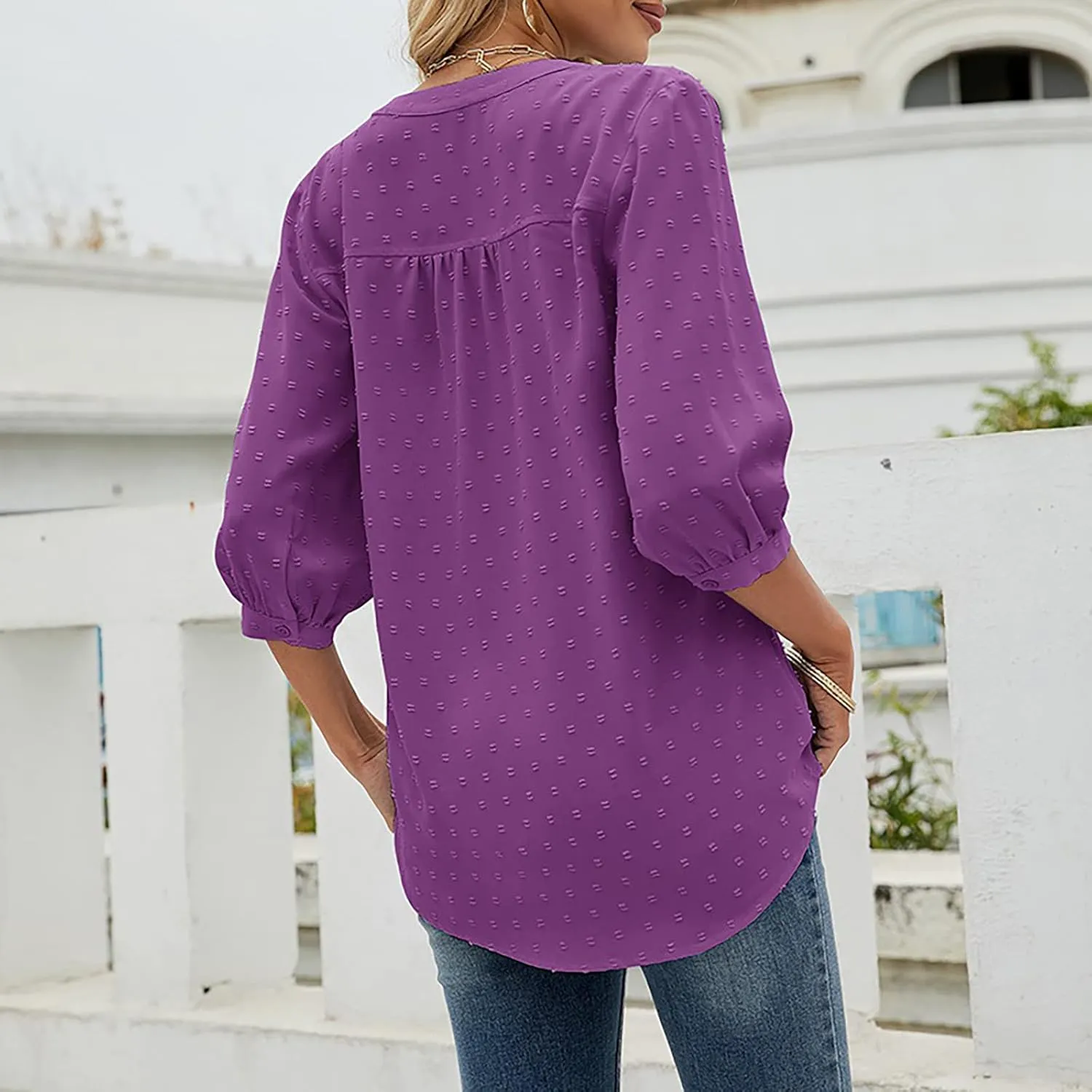 3/4 Sleeve Henley Shirts for Women Casual Solid V Neck Button Down Lightweight Chiffon Blouse Polka Dot Tunic Tops