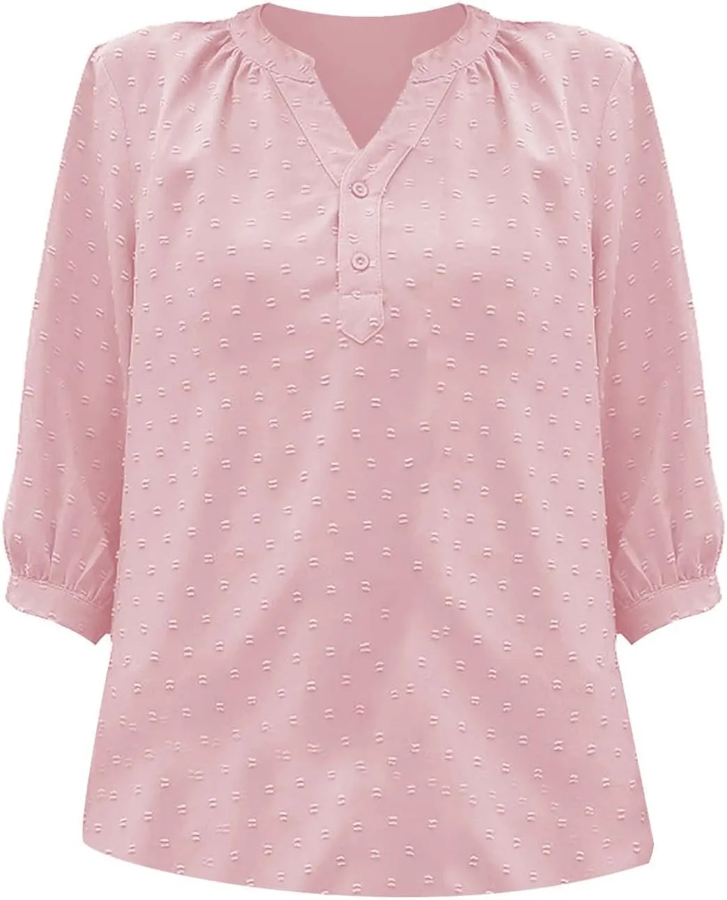 3/4 Sleeve Henley Shirts for Women Casual Solid V Neck Button Down Lightweight Chiffon Blouse Polka Dot Tunic Tops