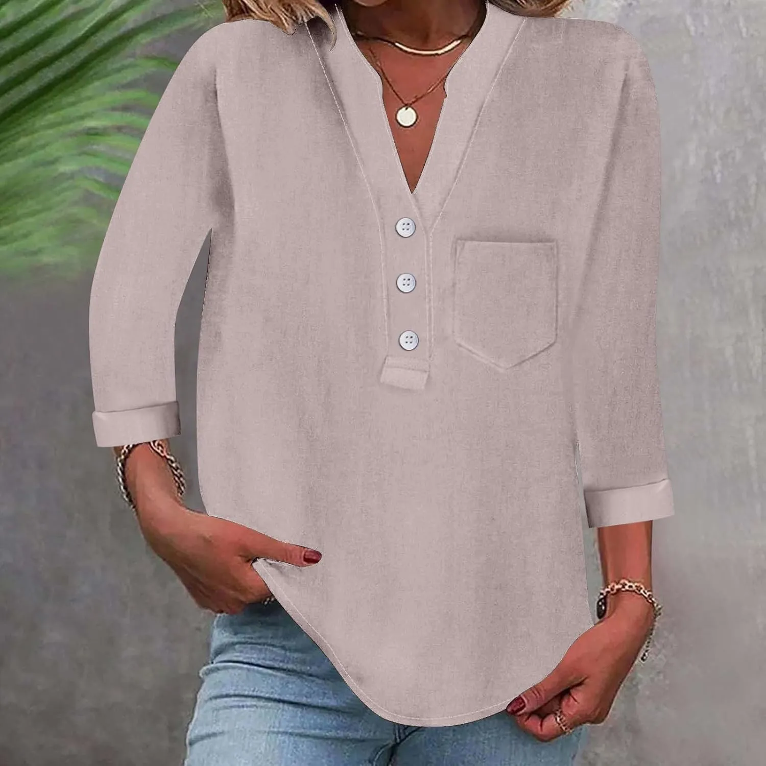 3/4 Sleeve Linen Tops for Women Loose Fit V Neck Button Down Henley Shirts Cute Summer Beach Tee Shirts with Pocket