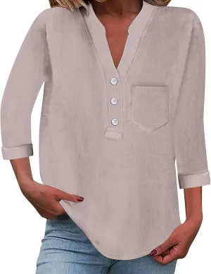 3/4 Sleeve Linen Tops for Women Loose Fit V Neck Button Down Henley Shirts Cute Summer Beach Tee Shirts with Pocket