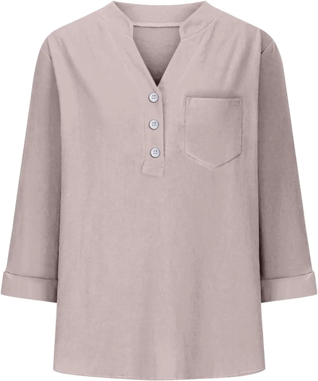 3/4 Sleeve Linen Tops for Women Loose Fit V Neck Button Down Henley Shirts Cute Summer Beach Tee Shirts with Pocket