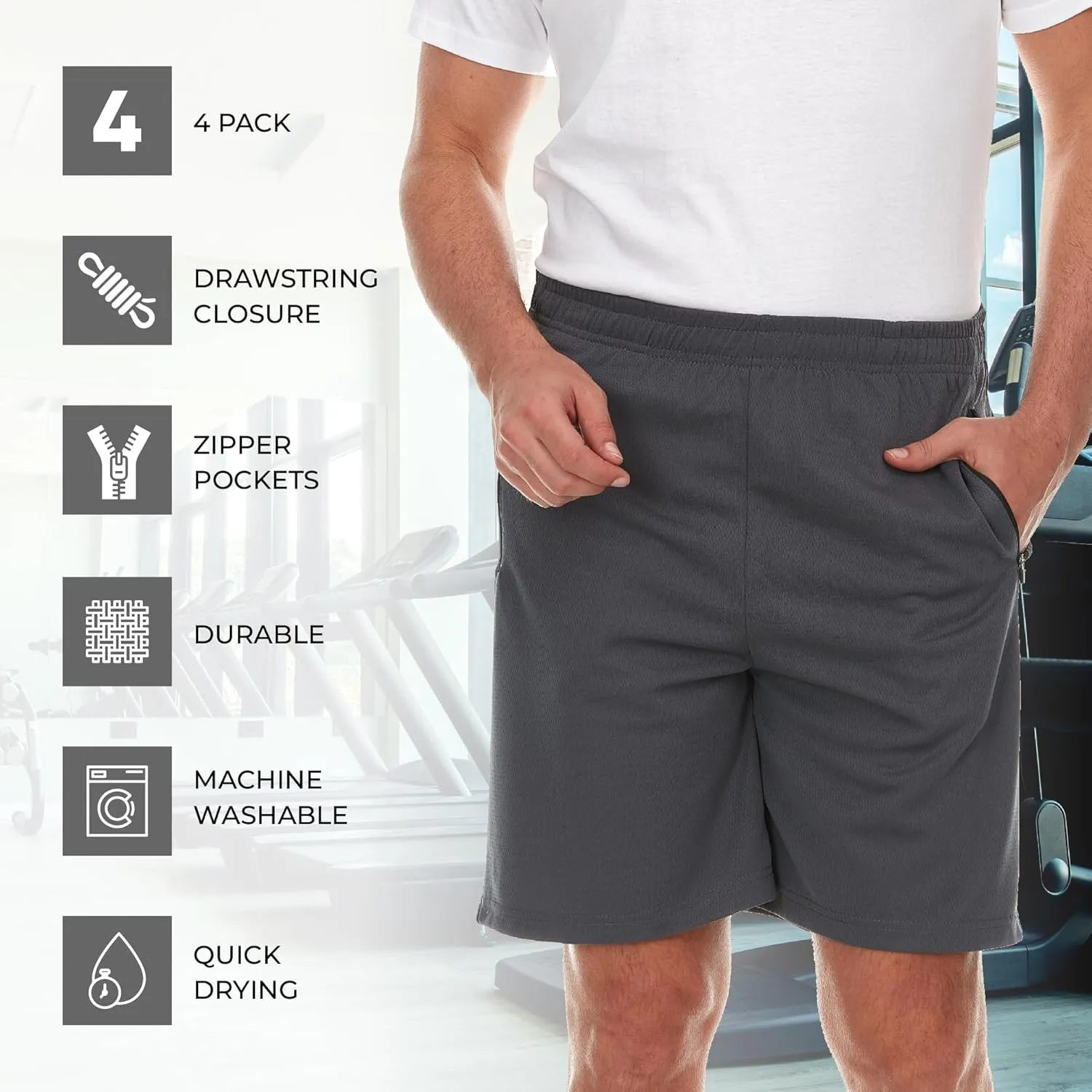 4 Pack: Men's 8" Athletic Running Quick Dry Mesh Shorts with Zipper Pockets (Available in Big & Tall)