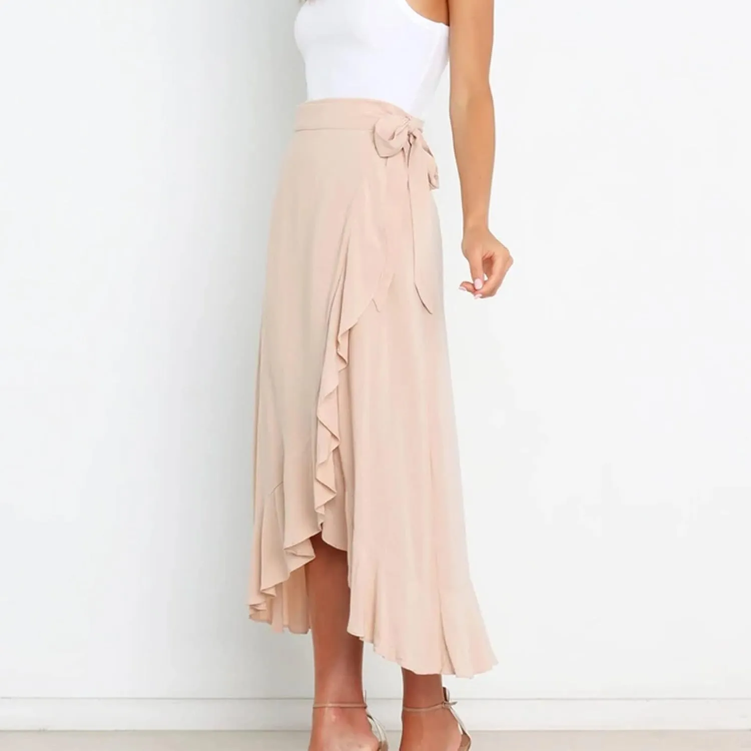A Line Skirt for Women Elegant Flowy Ruffle Hip-Wrapped Skirts Lace up Irregular Skirt Fashion Solid Color Skirts