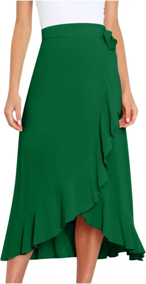 A Line Skirt for Women Elegant Flowy Ruffle Hip-Wrapped Skirts Lace up Irregular Skirt Fashion Solid Color Skirts