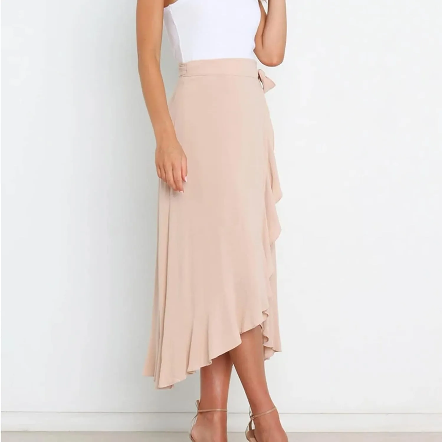 A Line Skirt for Women Elegant Flowy Ruffle Hip-Wrapped Skirts Lace up Irregular Skirt Fashion Solid Color Skirts