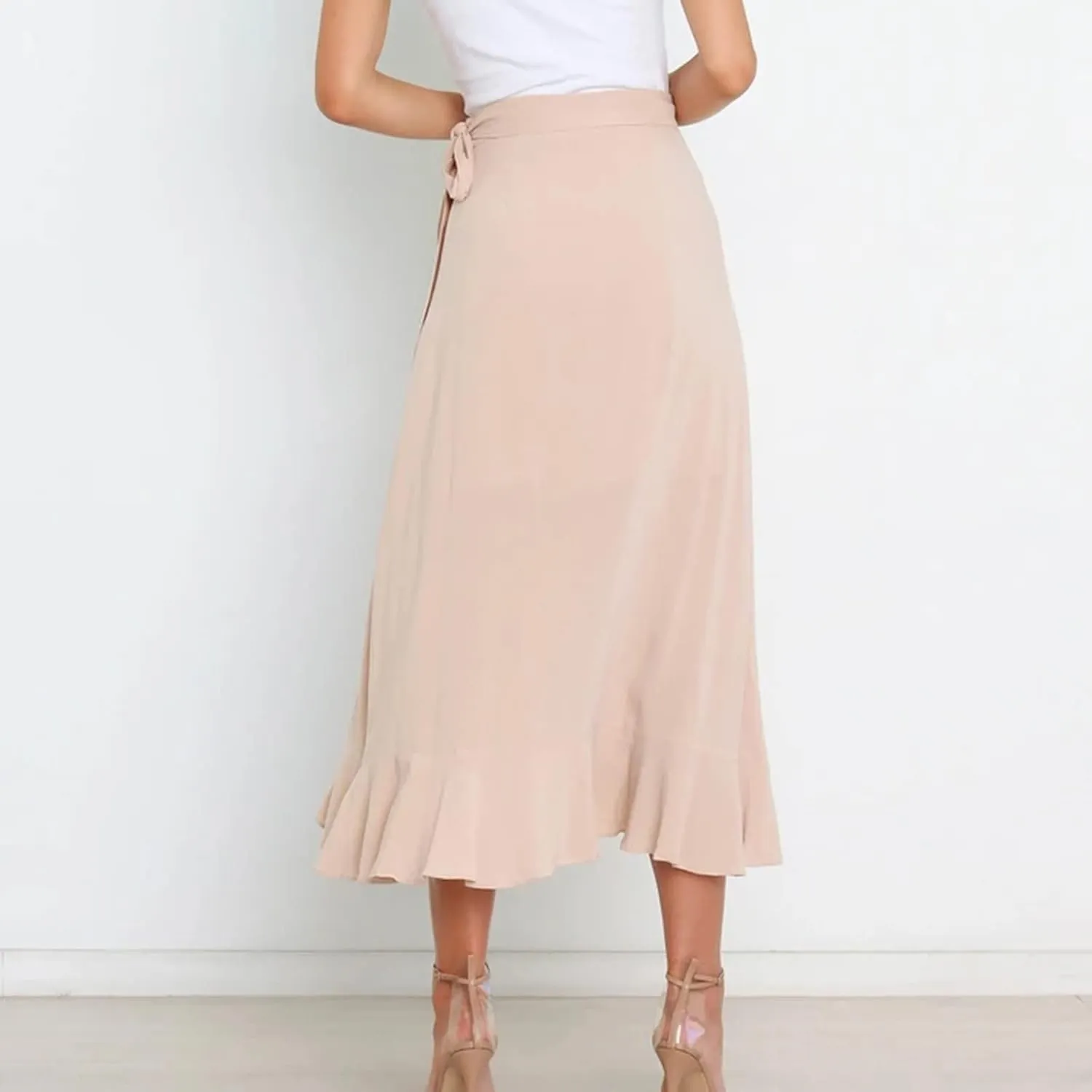 A Line Skirt for Women Elegant Flowy Ruffle Hip-Wrapped Skirts Lace up Irregular Skirt Fashion Solid Color Skirts