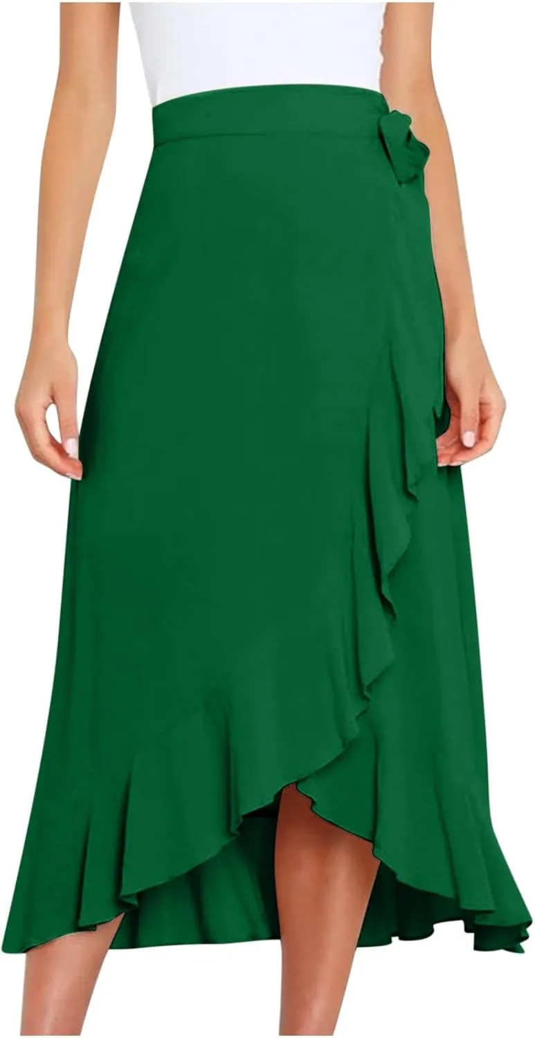 A Line Skirt for Women Elegant Flowy Ruffle Hip-Wrapped Skirts Lace up Irregular Skirt Fashion Solid Color Skirts