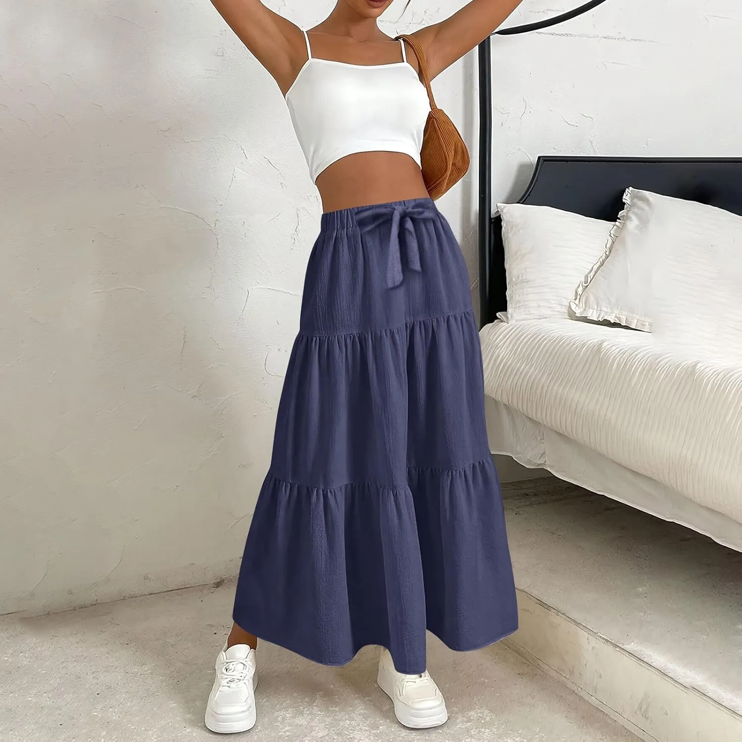 ADHOWBEW Spring Skirts for Women 2025 Elastic Waist Vacation Long Trendy Flowy Tiered Bohemian Skirts