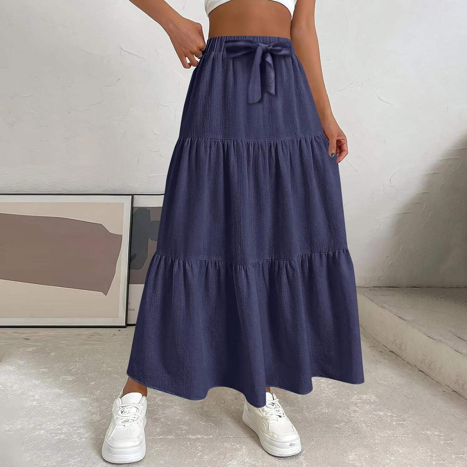 ADHOWBEW Spring Skirts for Women 2025 Elastic Waist Vacation Long Trendy Flowy Tiered Bohemian Skirts