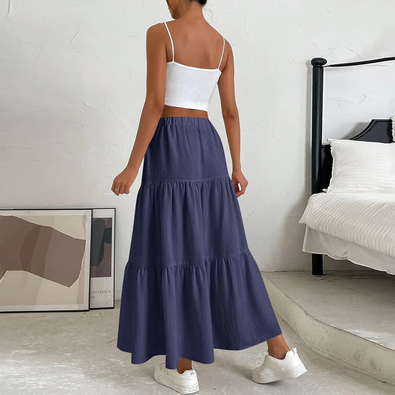 ADHOWBEW Spring Skirts for Women 2025 Elastic Waist Vacation Long Trendy Flowy Tiered Bohemian Skirts