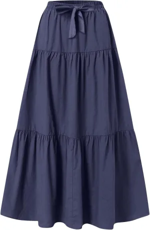 ADHOWBEW Spring Skirts for Women 2025 Elastic Waist Vacation Long Trendy Flowy Tiered Bohemian Skirts