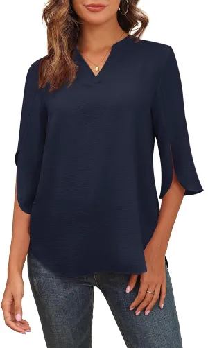 Askyes Women's 2025 Summer Chiffon Blouses Short Sleeve V Neck Tshirts Loose Casual Flowy Dressy Tops for Leggings Blouse