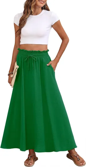 Askyes Womens Maxi Skirt Summer Tie Knot Elastic High Waisted Boho Casual Beach Flowy Swing Long Skirts with Pockets