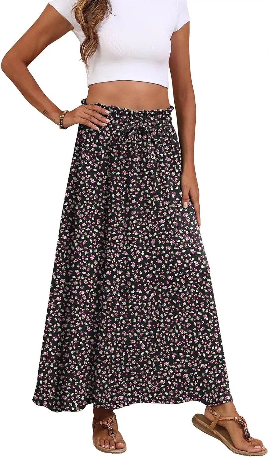 Askyes Womens Maxi Skirt Summer Tie Knot Elastic High Waisted Boho Casual Beach Flowy Swing Long Skirts with Pockets