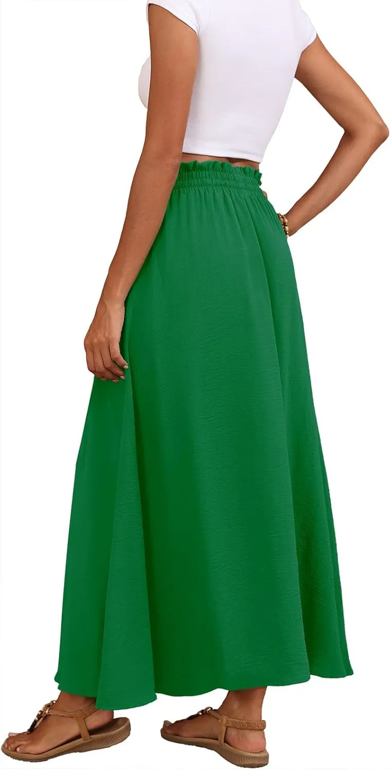 Askyes Womens Maxi Skirt Summer Tie Knot Elastic High Waisted Boho Casual Beach Flowy Swing Long Skirts with Pockets
