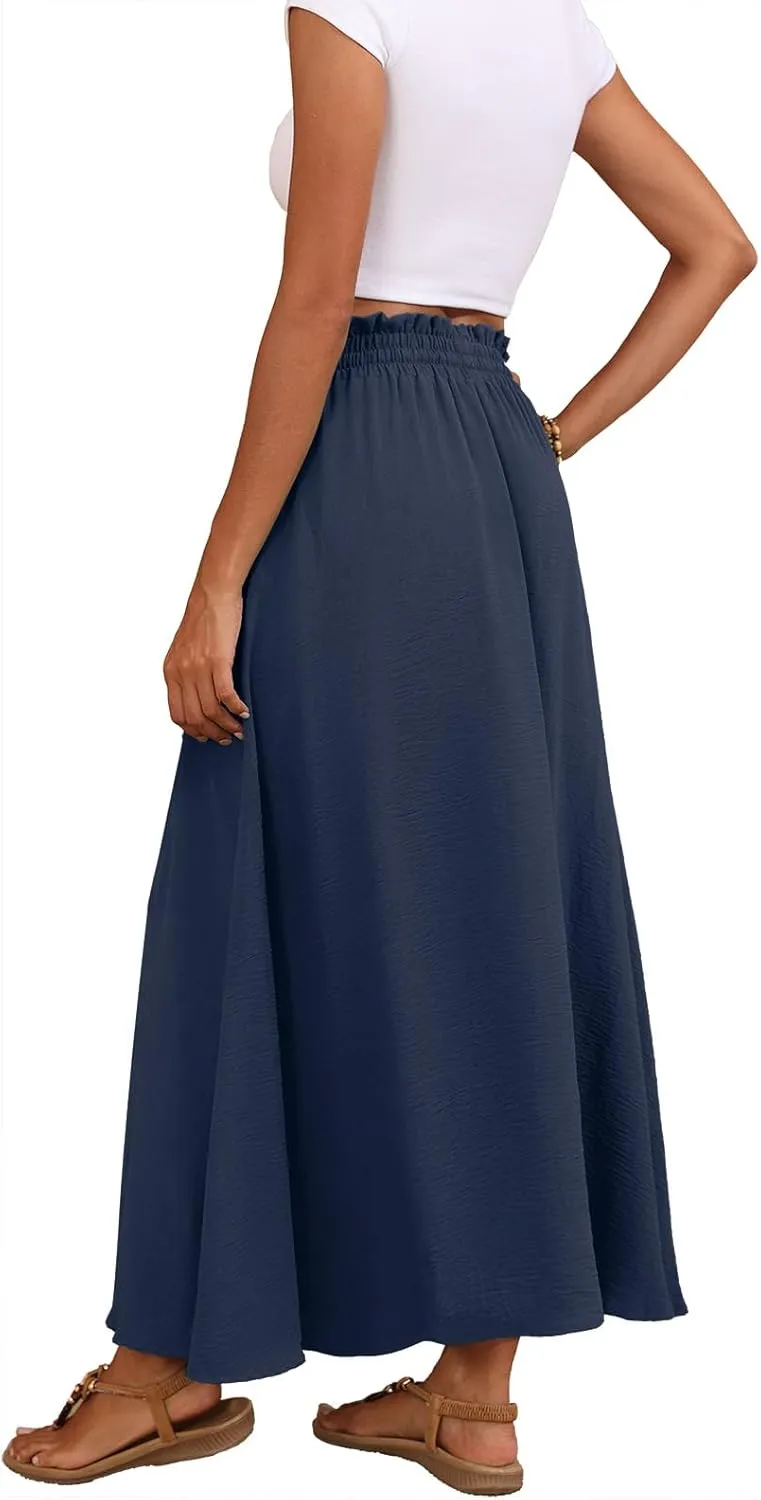 Askyes Womens Maxi Skirt Summer Tie Knot Elastic High Waisted Boho Casual Beach Flowy Swing Long Skirts with Pockets