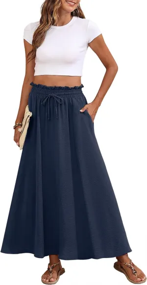 Askyes Womens Maxi Skirt Summer Tie Knot Elastic High Waisted Boho Casual Beach Flowy Swing Long Skirts with Pockets