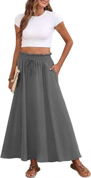 Askyes Womens Maxi Skirt Summer Tie Knot Elastic High Waisted Boho Casual Beach Flowy Swing Long Skirts with Pockets