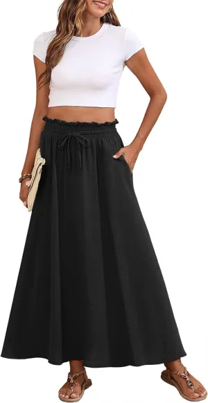 Askyes Womens Maxi Skirt Summer Tie Knot Elastic High Waisted Boho Casual Beach Flowy Swing Long Skirts with Pockets