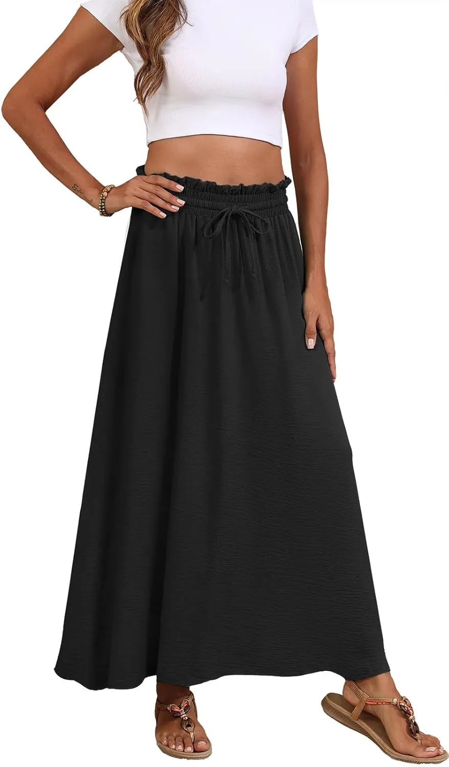 Askyes Womens Maxi Skirt Summer Tie Knot Elastic High Waisted Boho Casual Beach Flowy Swing Long Skirts with Pockets
