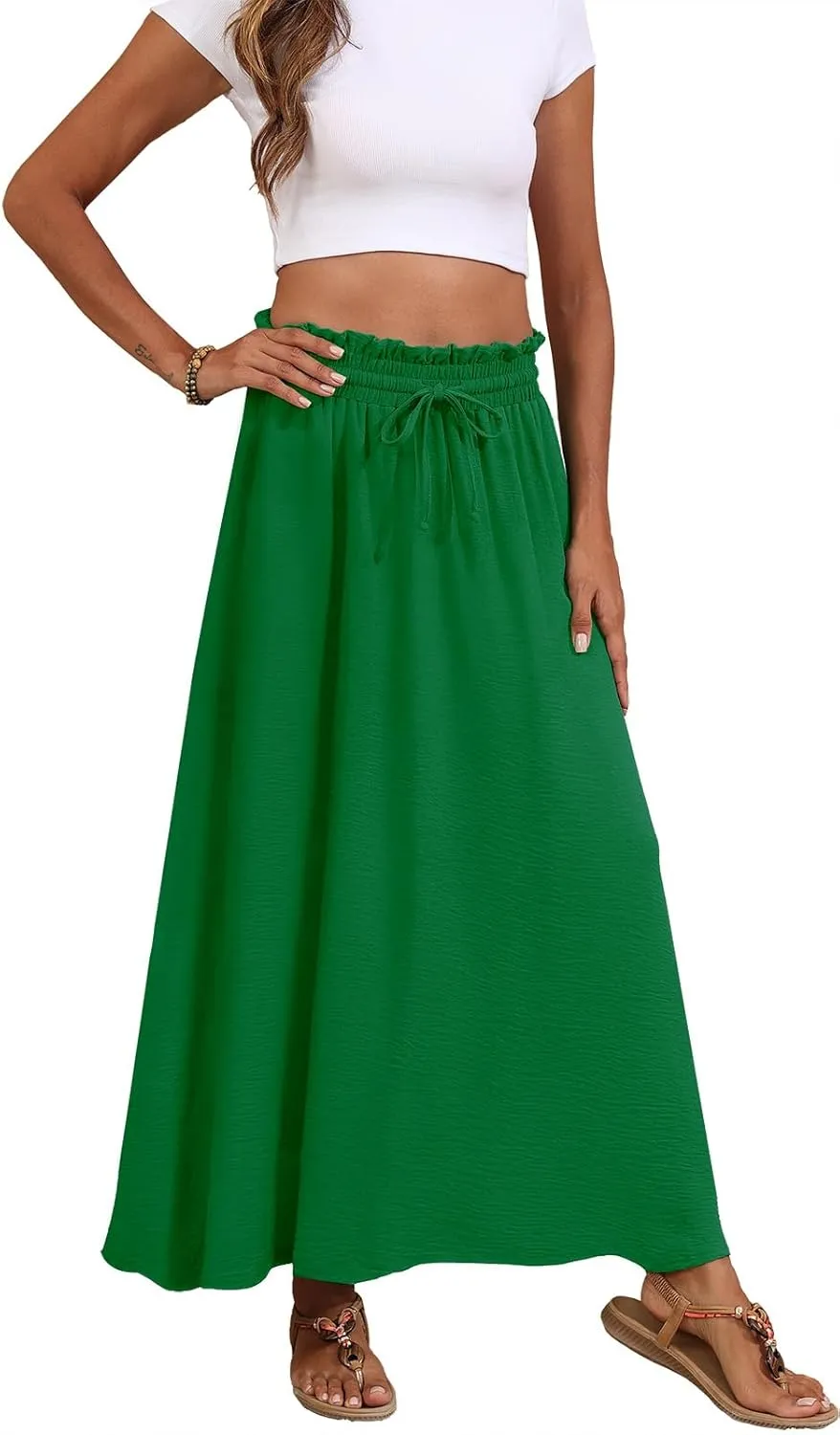 Askyes Womens Maxi Skirt Summer Tie Knot Elastic High Waisted Boho Casual Beach Flowy Swing Long Skirts with Pockets