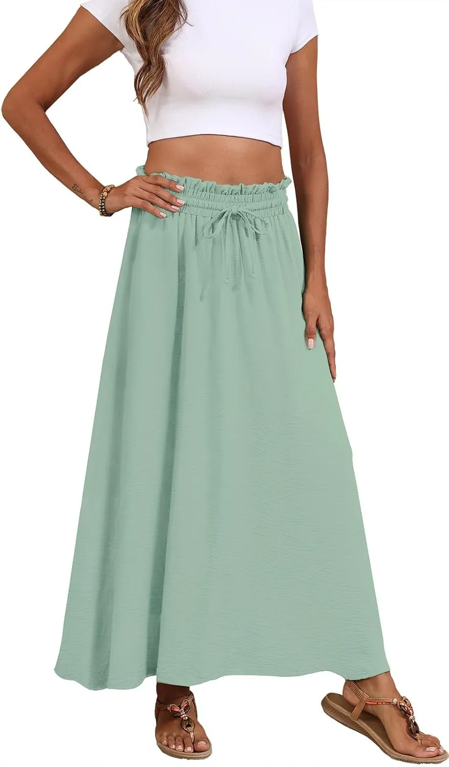 Askyes Womens Maxi Skirt Summer Tie Knot Elastic High Waisted Boho Casual Beach Flowy Swing Long Skirts with Pockets